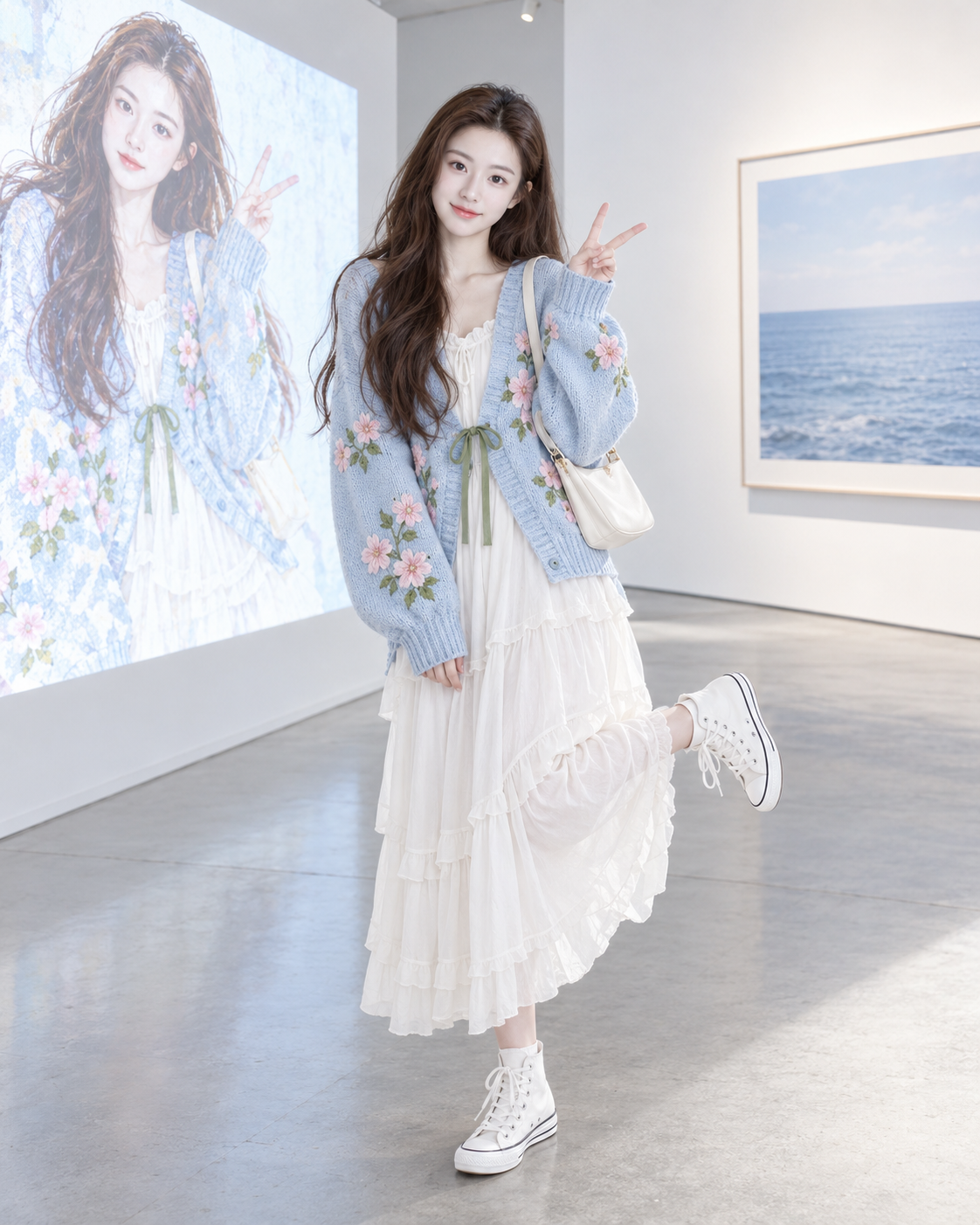 Minimalist Art Gallery Portrait in Pink and Blue Embroidered Cardigan