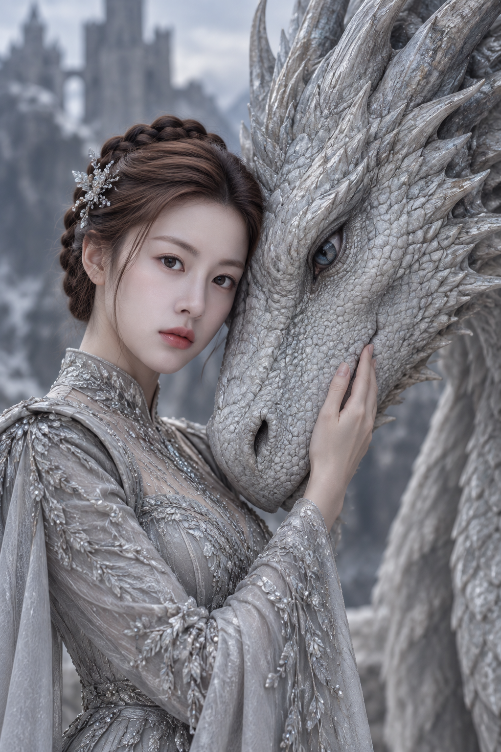 冰灰高定礼服与巨龙的静谧肖像 — AI image creation