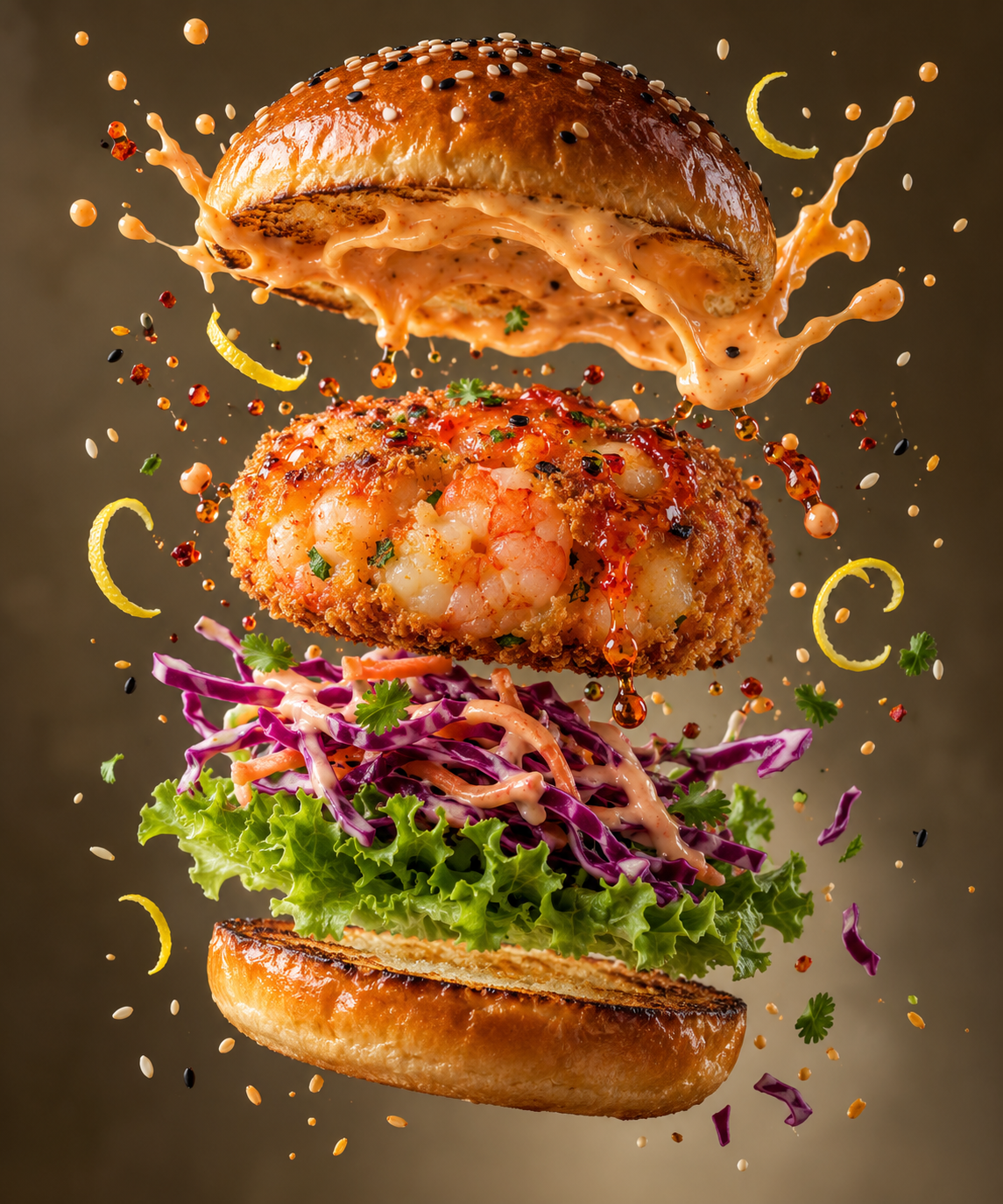 Burger tôm lơ lửng với nước sốt bắn tung tóe dưới ánh sáng điện ảnh