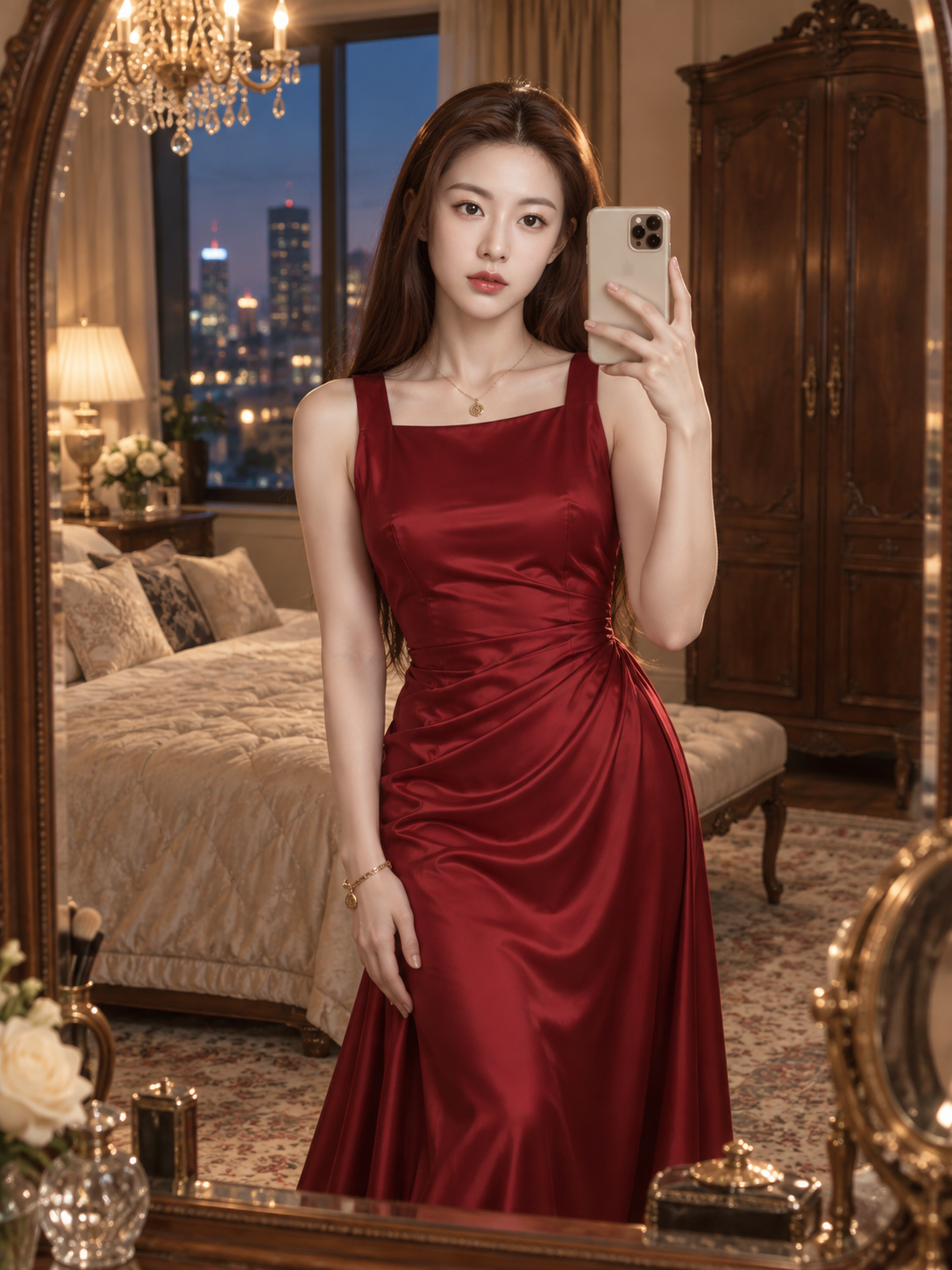华丽卧室中的红缎面礼服镜自拍 — AI image creation