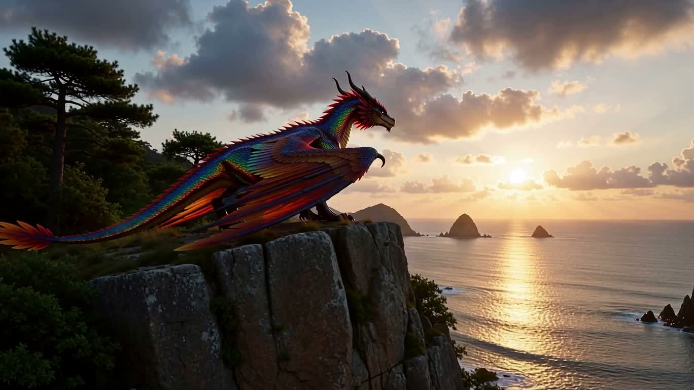 Créatures mythiques du dragon et du phénix sur la falaise au crépuscule — AI video creation