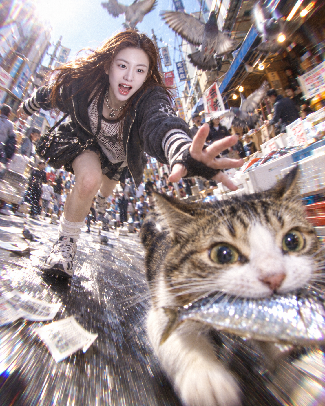 千禧年鱼眼街拍：追逐叼鱼淘气猫 — AI image creation