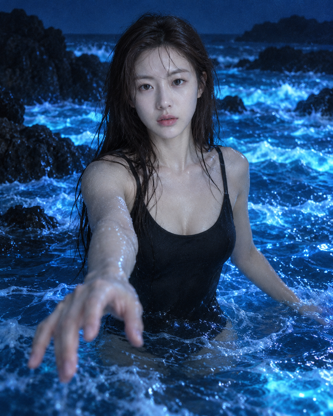 电蓝夜海中的成年女性海岸肖像 — AI image creation