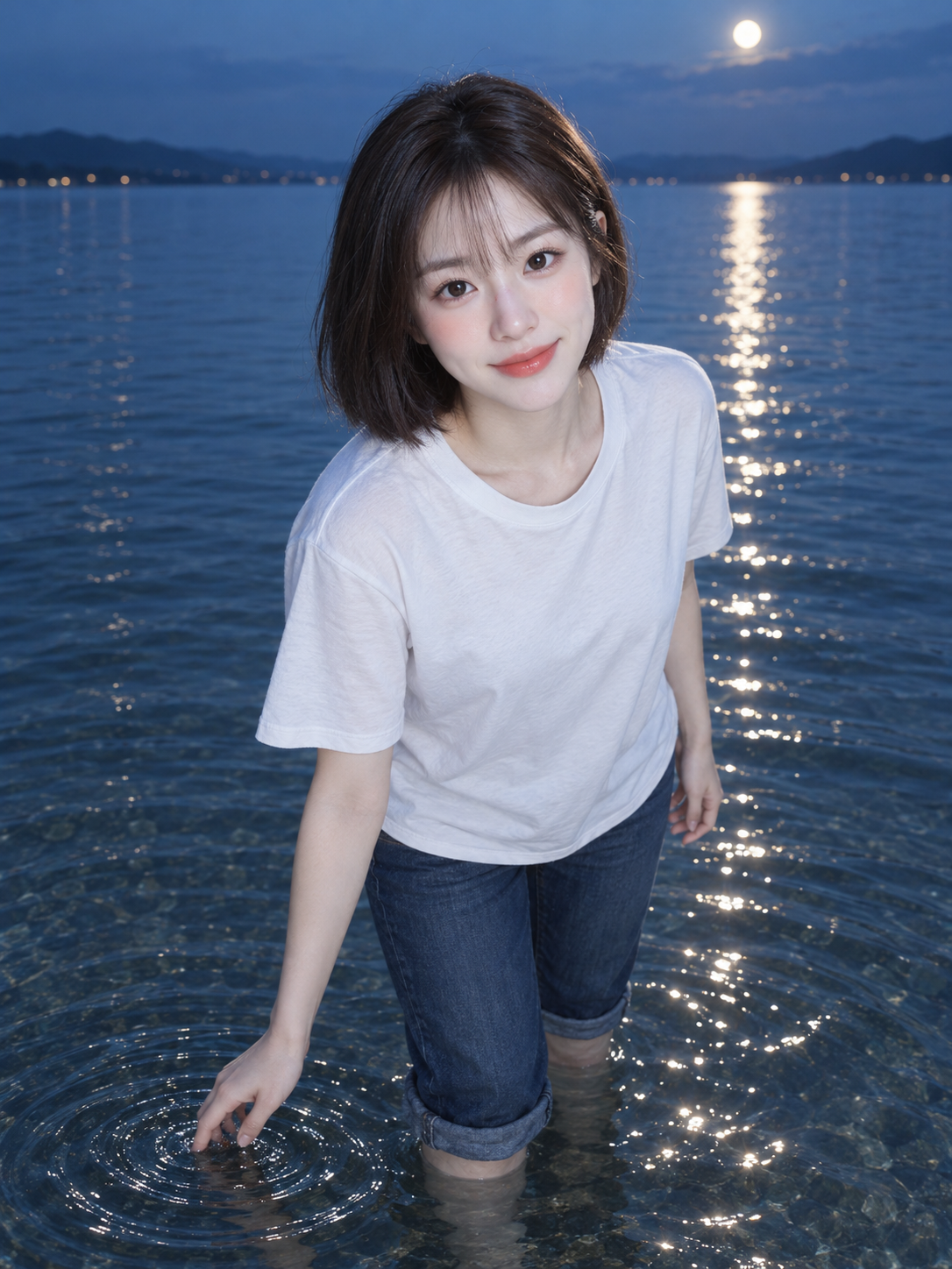 달빛 아래 얕은 물속의 산뜻하고 장난스러운 인물 사진
