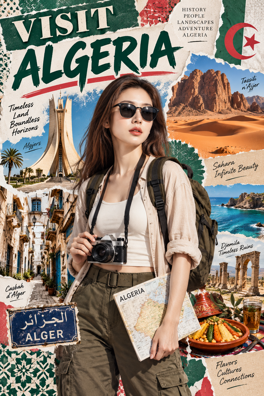 时尚游客探访阿尔及利亚旅行海报 — AI image creation