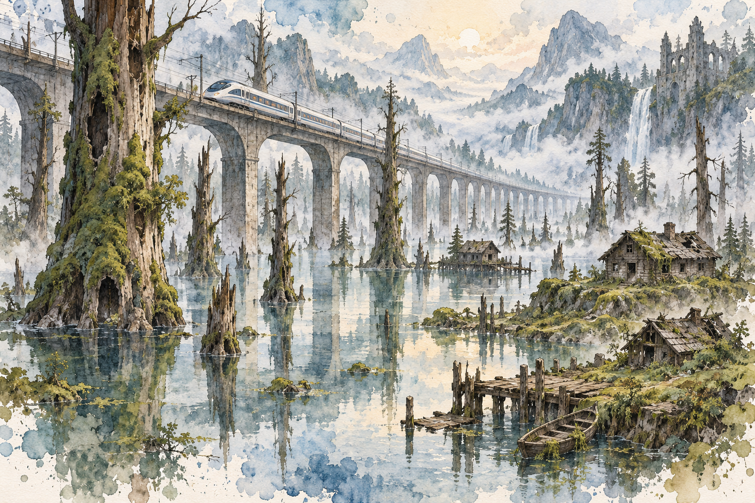 幻境水彩：穿行水淹密林的列车 — AI image creation