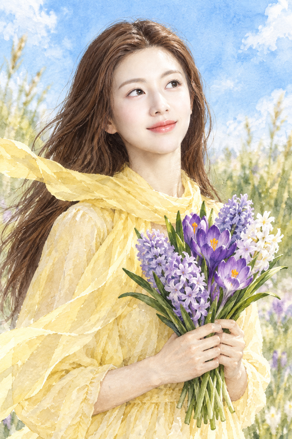 手捧番红花与风信子的成年女性春日水彩贺卡 — AI image creation