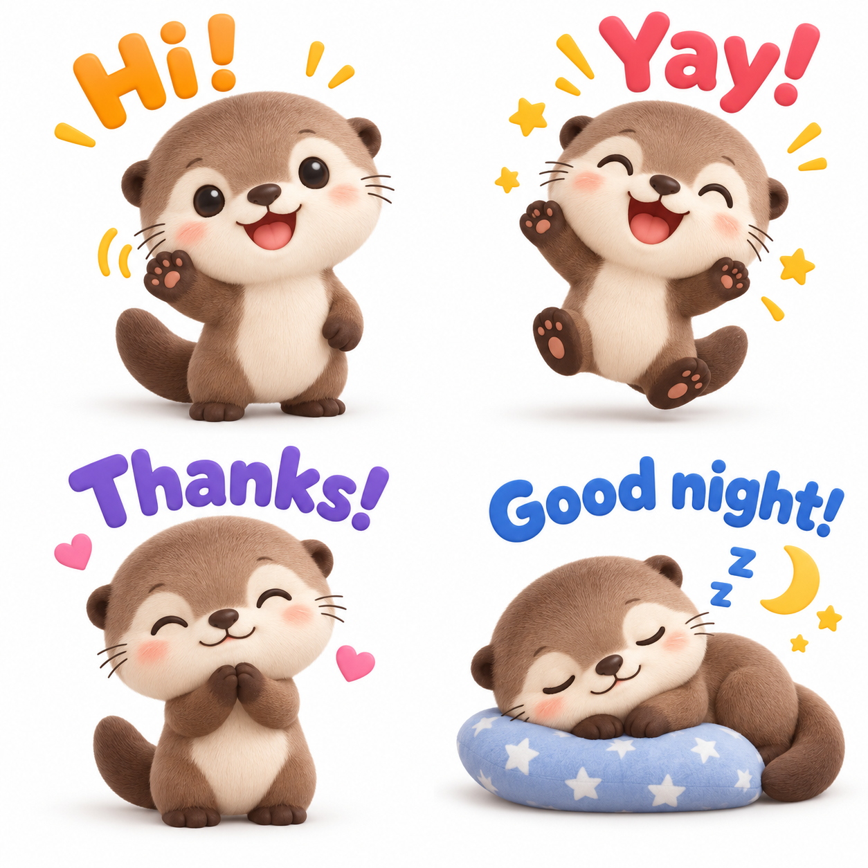 Autocollants emoji originaux en 3D d'une loutre en quatre cases