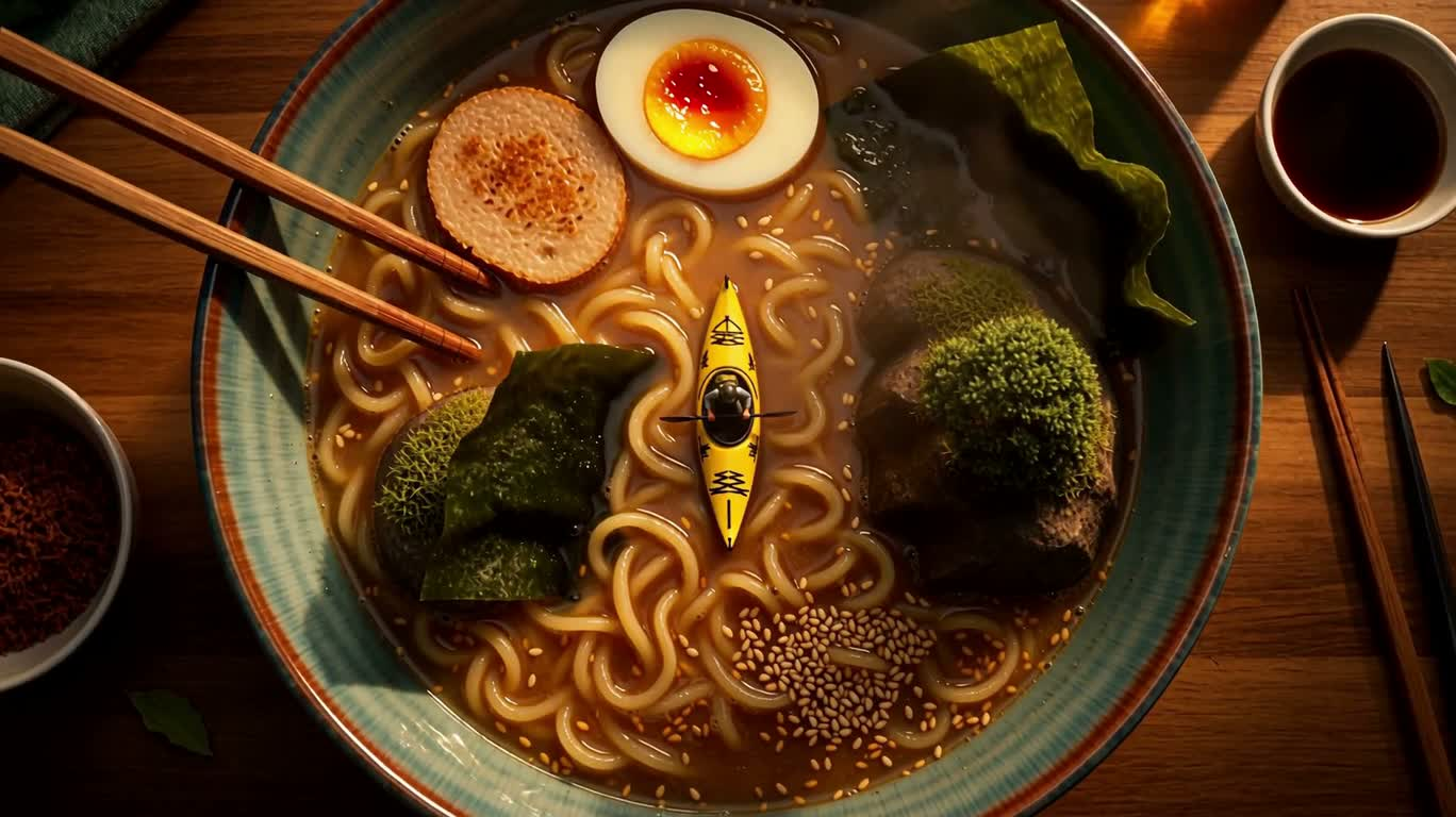 拉面碗中的微型漂流者 — AI video creation