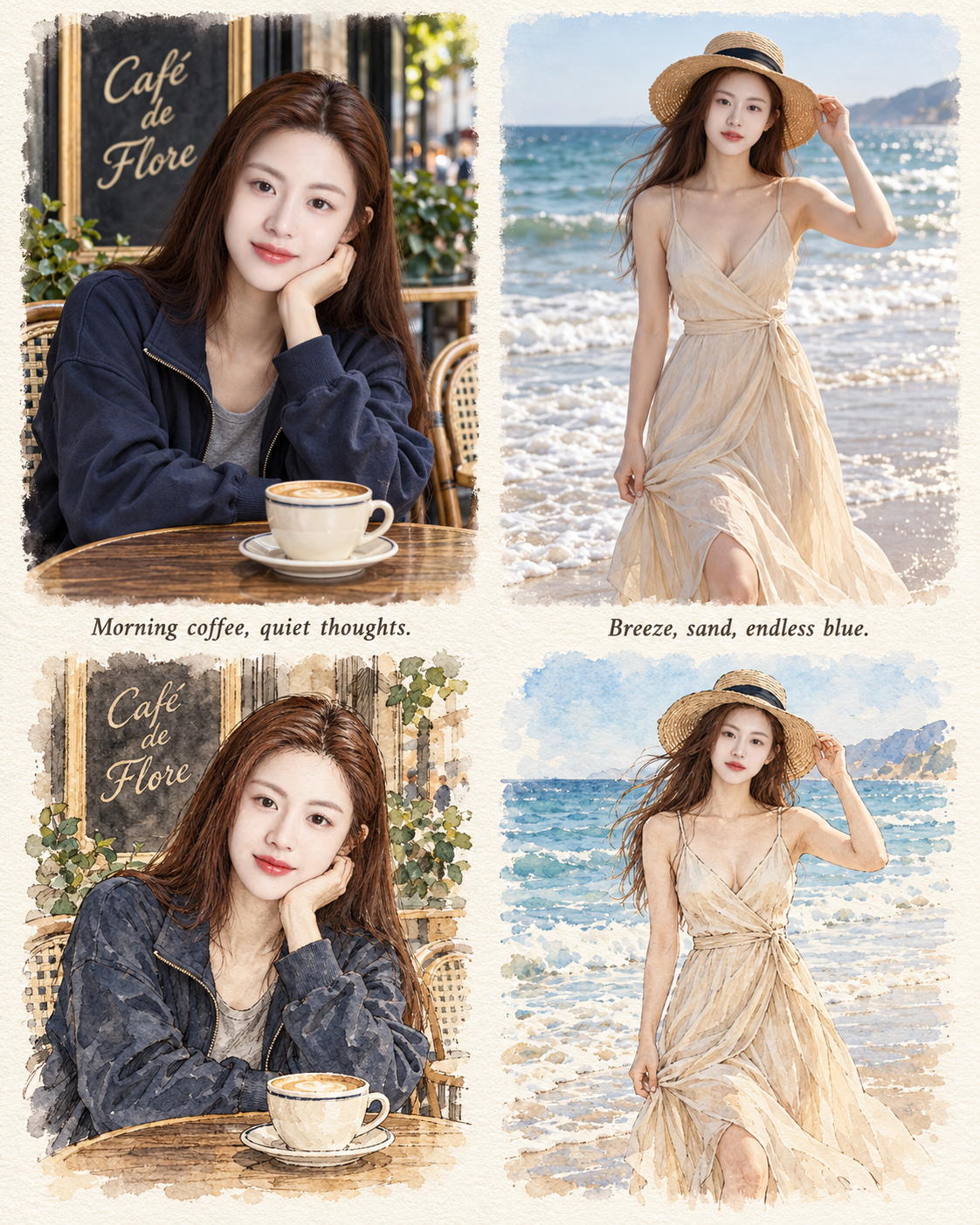 双场景实景照片与钢笔水彩配对拼贴 — AI image creation