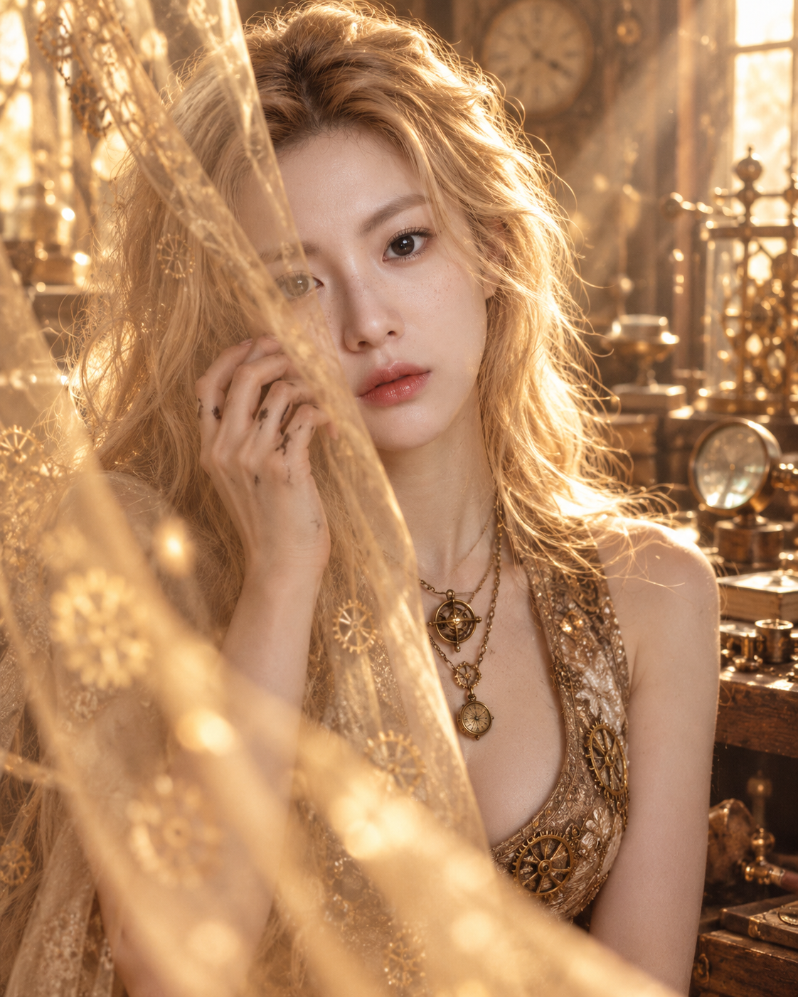 Golden Sorrow of Time: Veiled Horology Portrait — AI image creation