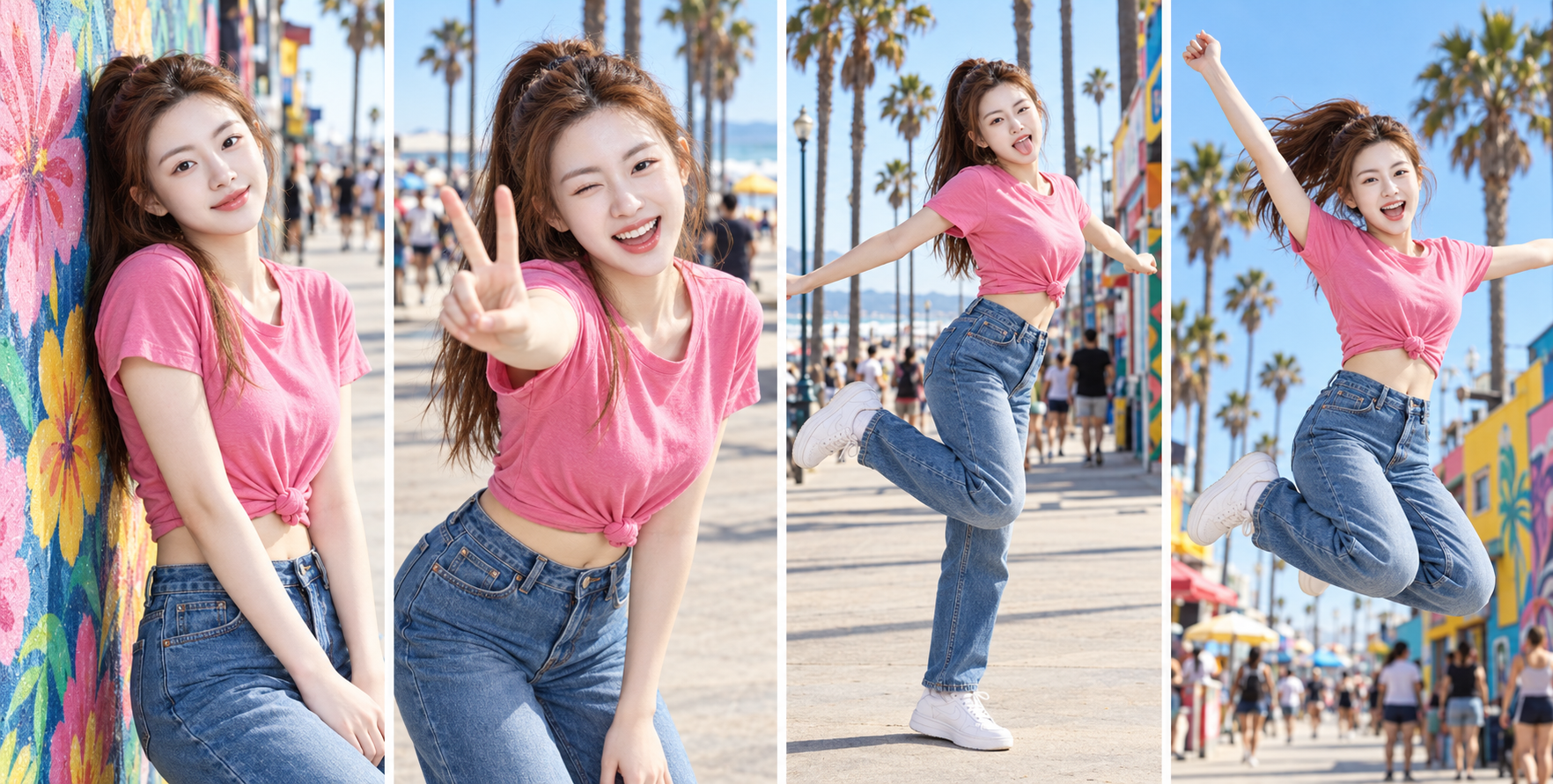 Sunny Seaside Boardwalk Four-Panel Fun Portraits of Adult Women