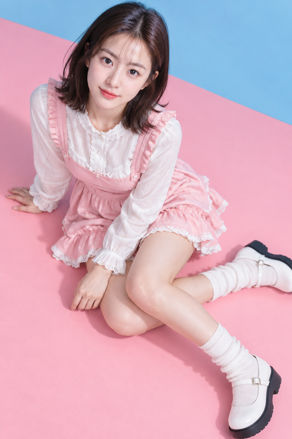 Japanese Sweet Style Pink-Blue Color Clash High-Angle Fashion Portrait