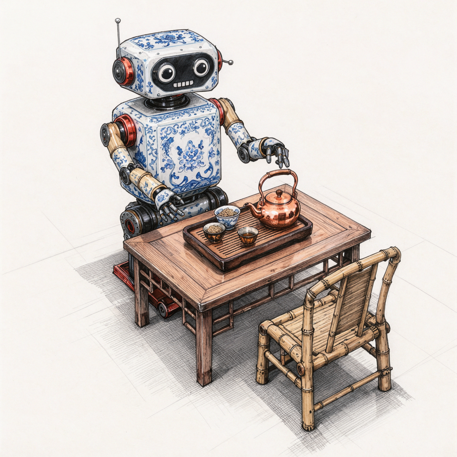 蓝瓷茶机器人 · 钢笔线描 — AI image creation