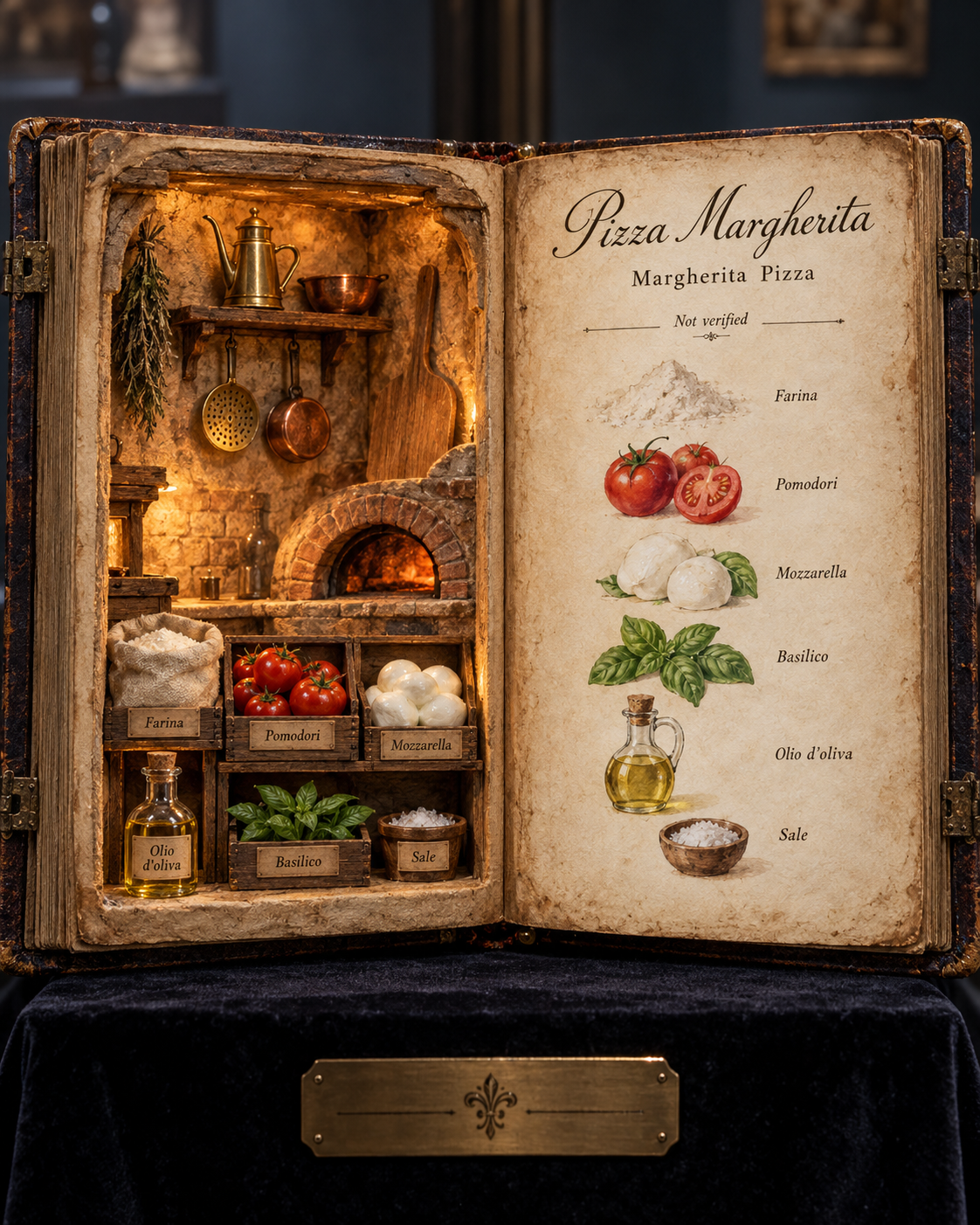 古書料理秘巻のミニチュアレシピ展示 — AI image creation