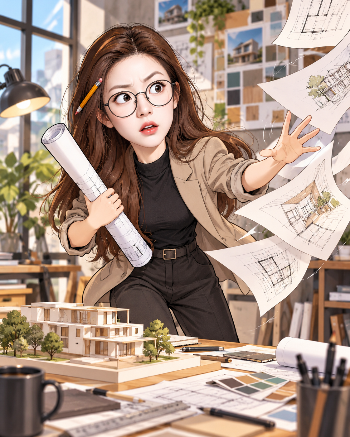 建筑师工作室里的幽默职业漫画像 — AI image creation