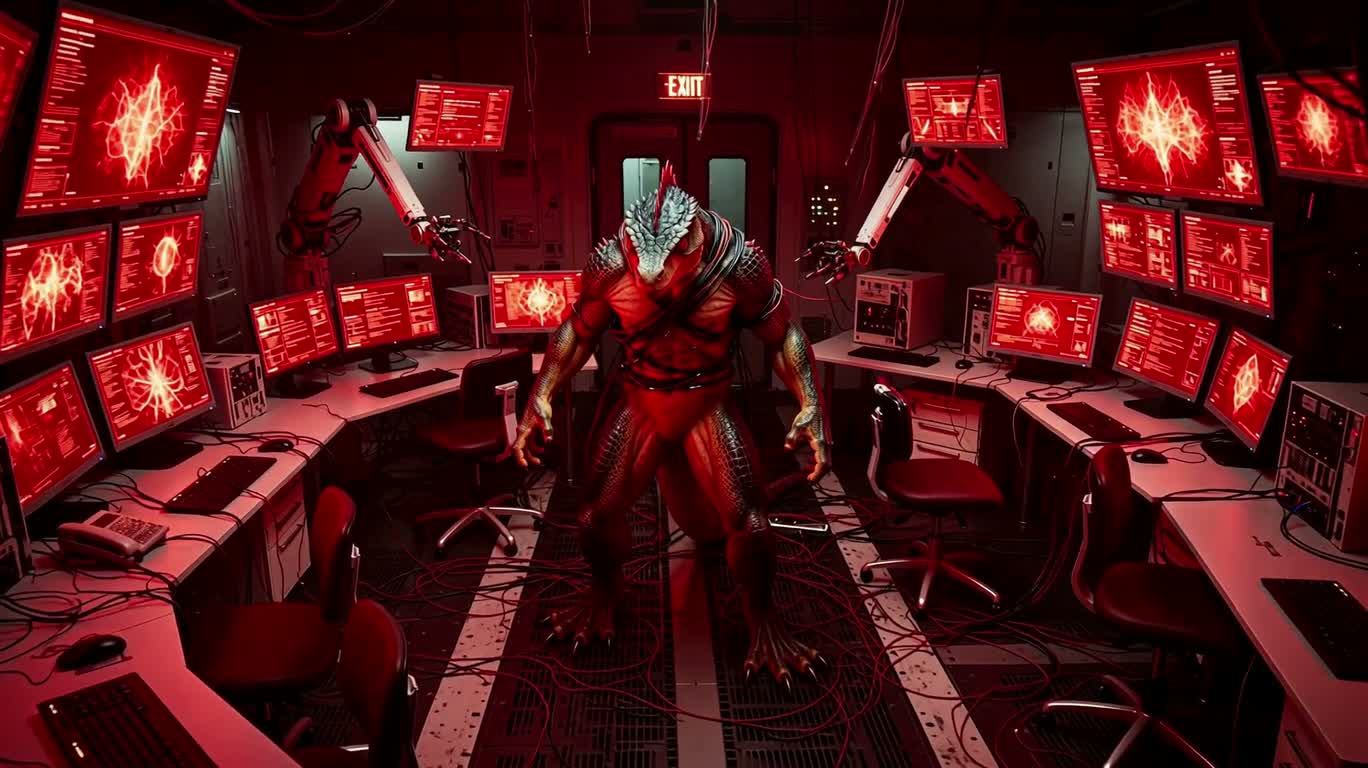Lizardman in a Crimson Tech Laboratory — AI video creation