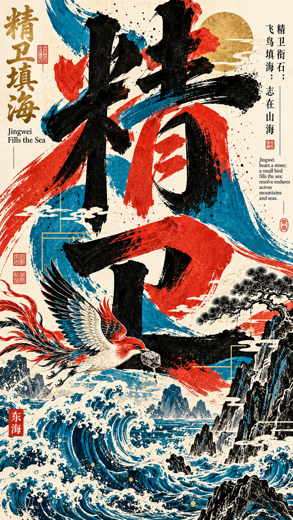 Jingwei Fills the Sea: Experimental Calligraphy Poster from the Classic of Mountains and Seas