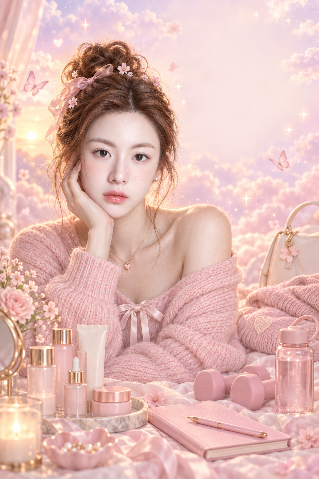 粉彩云朵与自我照护元素的梦幻柔和系海报 — AI image creation