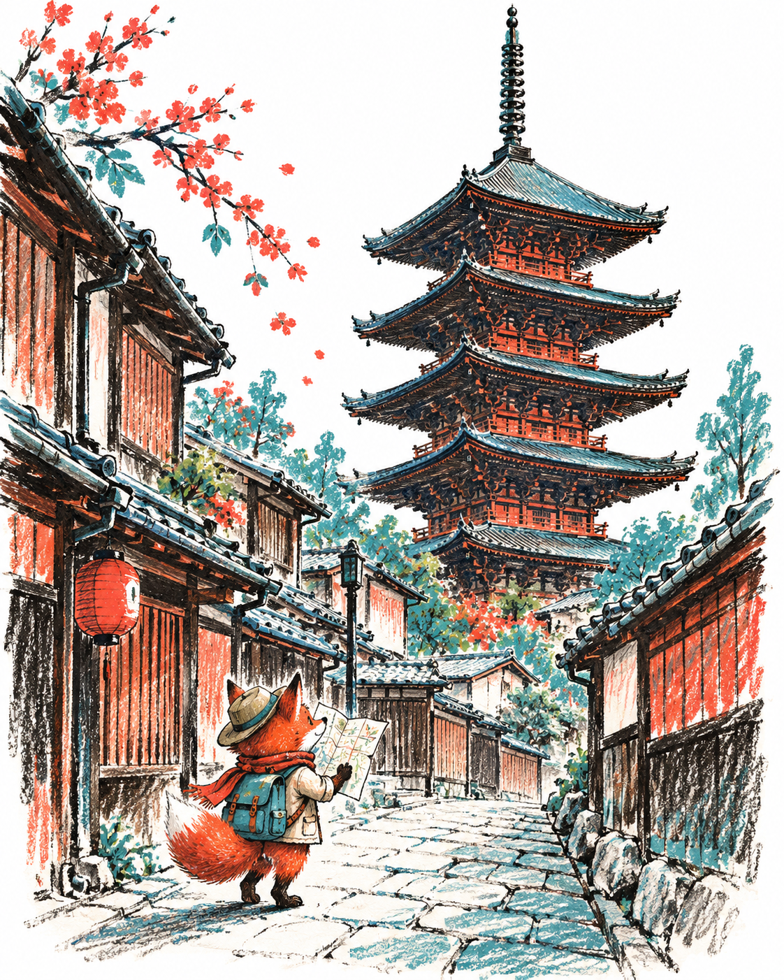 Fantasy City Travel Illustration Template with Mid-Century European Picture Book Texture