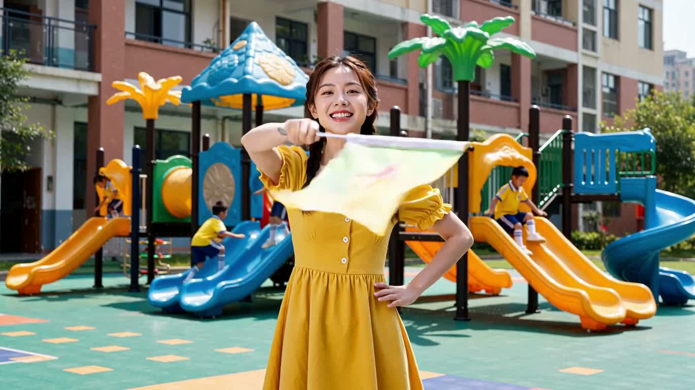 운동장에서 깃발을 드는 순간