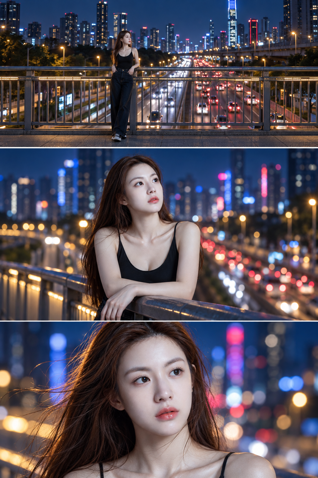 霓虹夜色与城市车流中的成年肖像三联画 — AI image creation