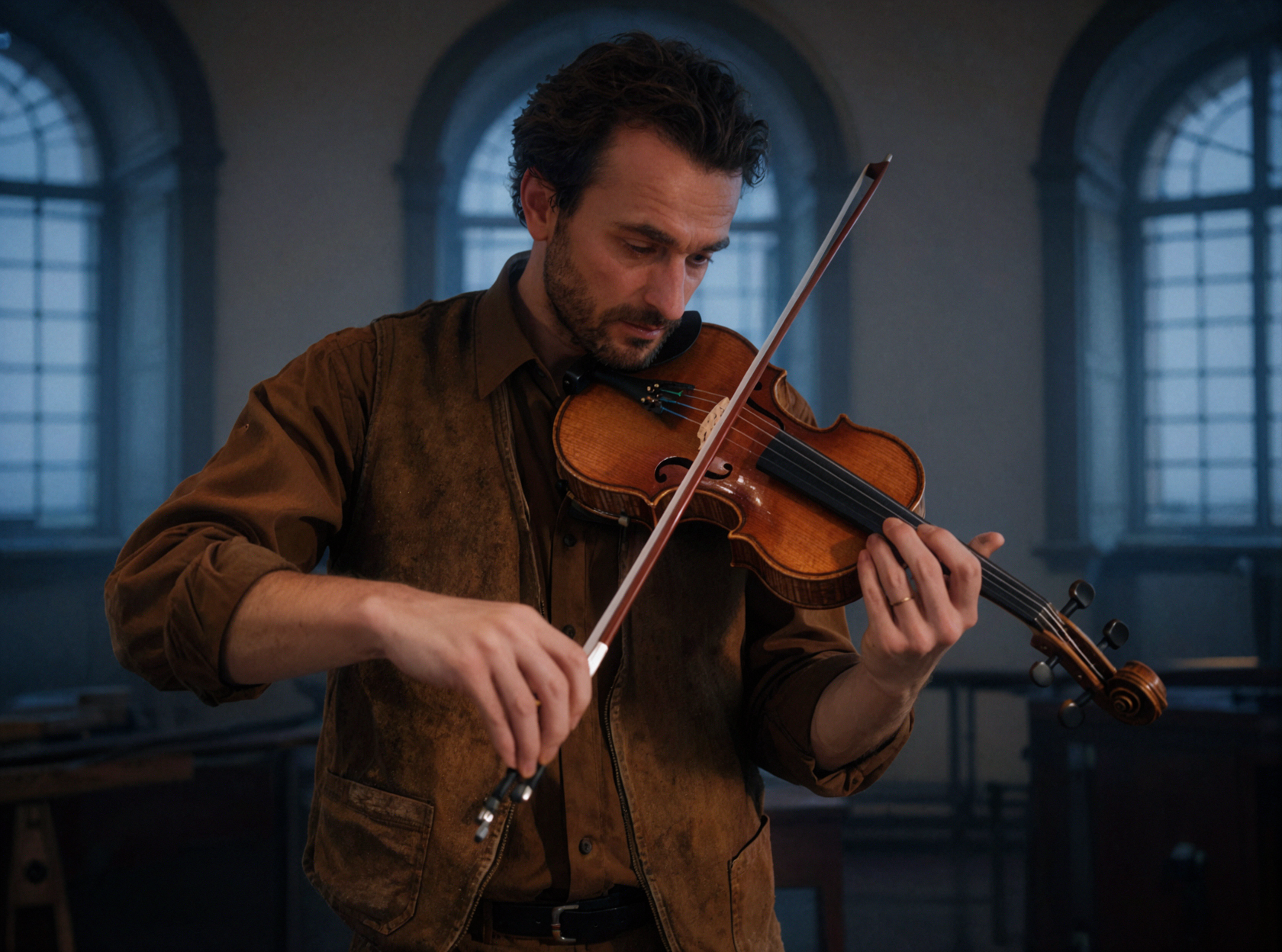 Adult European Male Luthier · Bow String Calibration · Cinematic Still — AI image creation