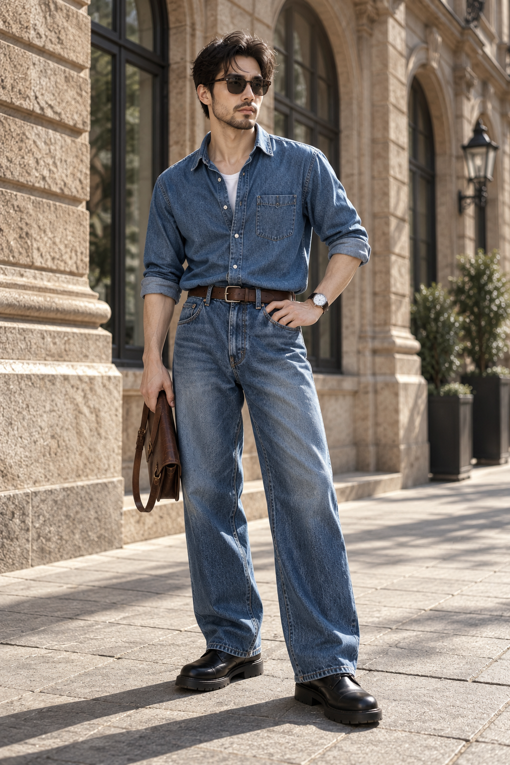 阳光拱窗街景中的复古牛仔成年男士 — AI image creation