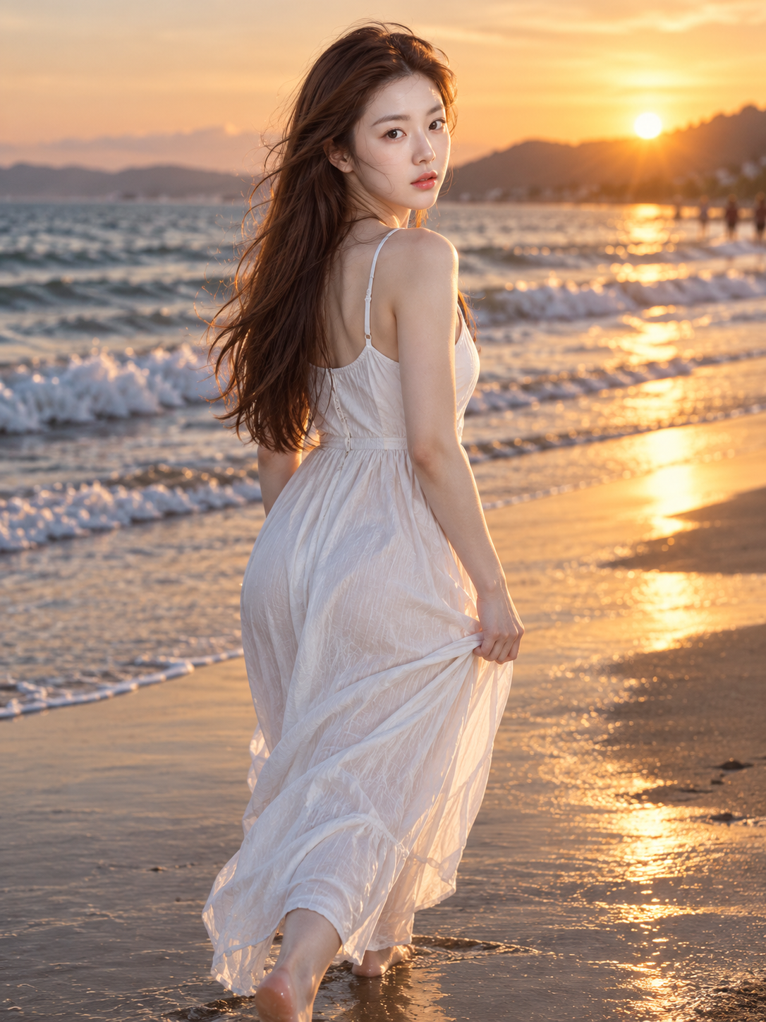 海边夕阳回眸亚洲女性写实人像
