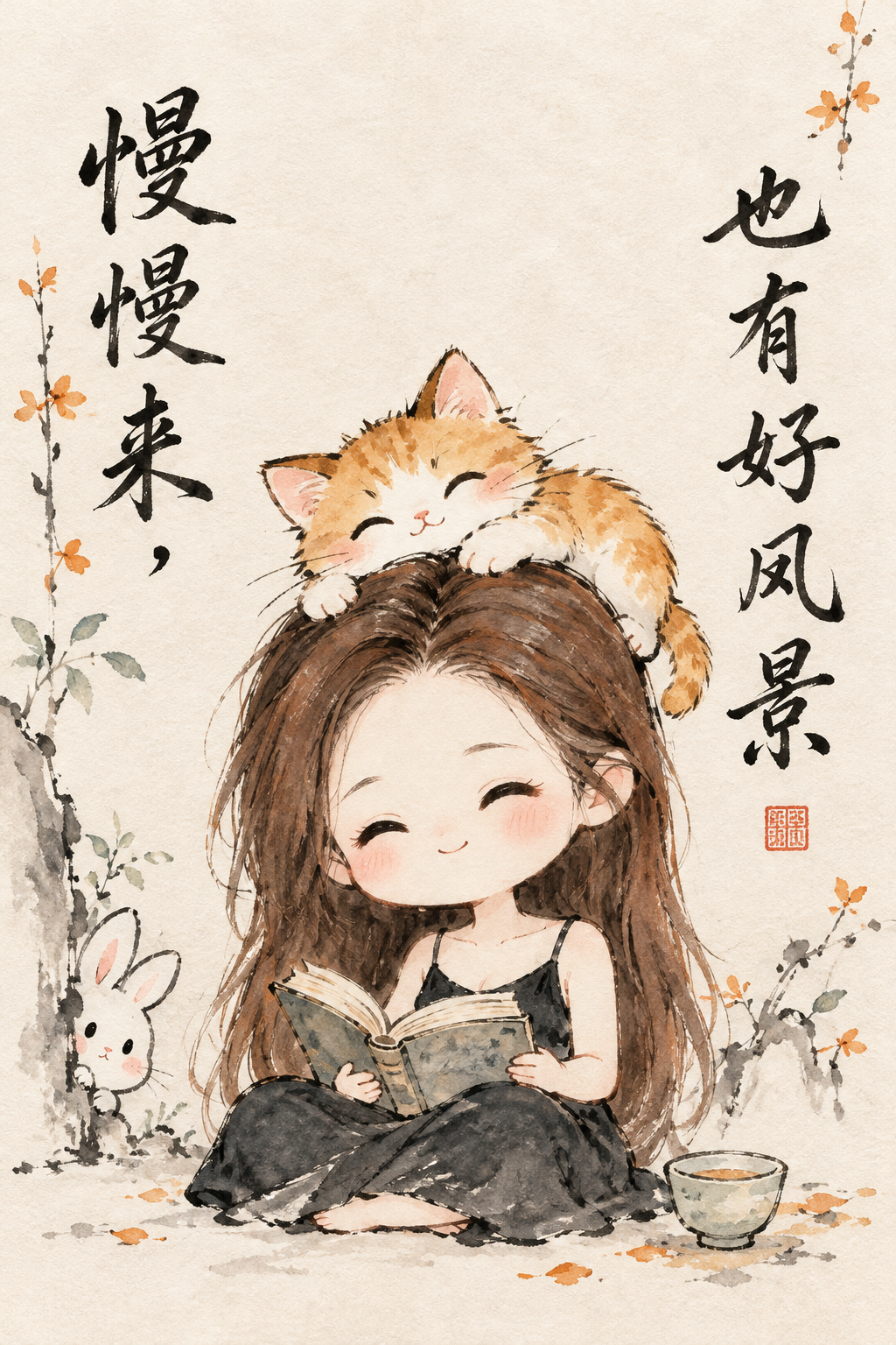 橘猫叠头读书的国风水墨治愈漫画