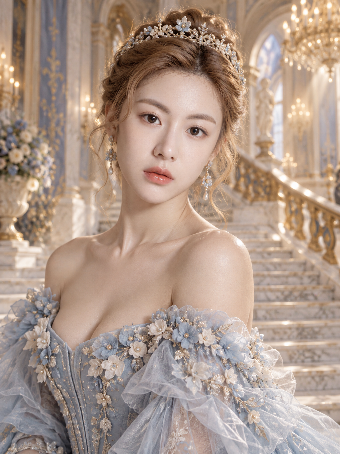 梦幻粉蓝华服与宫殿光影下的绝美佳人 — AI image creation