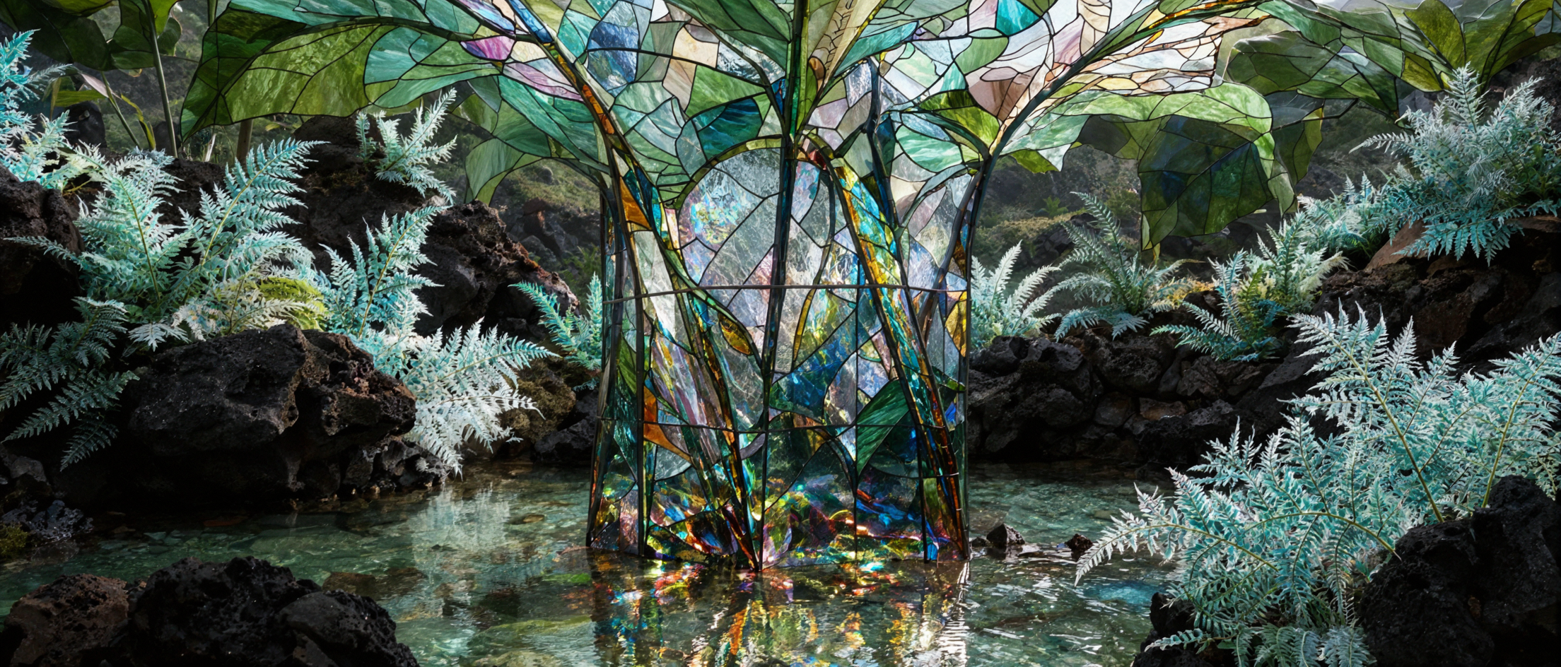 Vallée des fougères de cristal · Vitrail — AI image creation