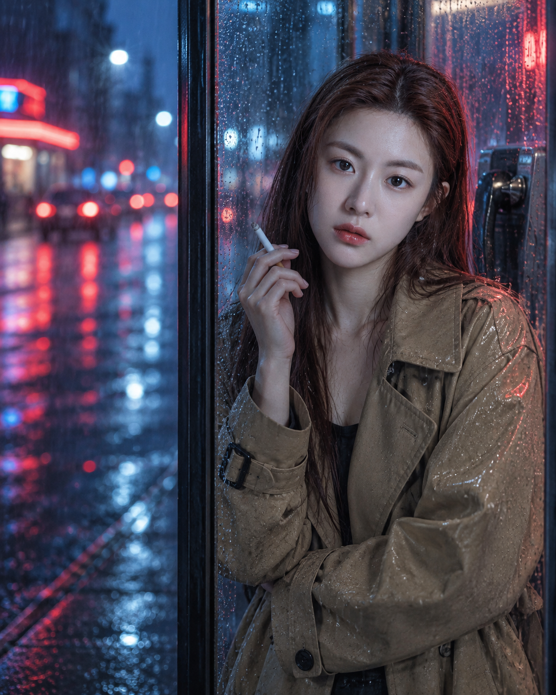 霓虹雨夜电话亭孤独女子写实电影感人像 — AI image creation