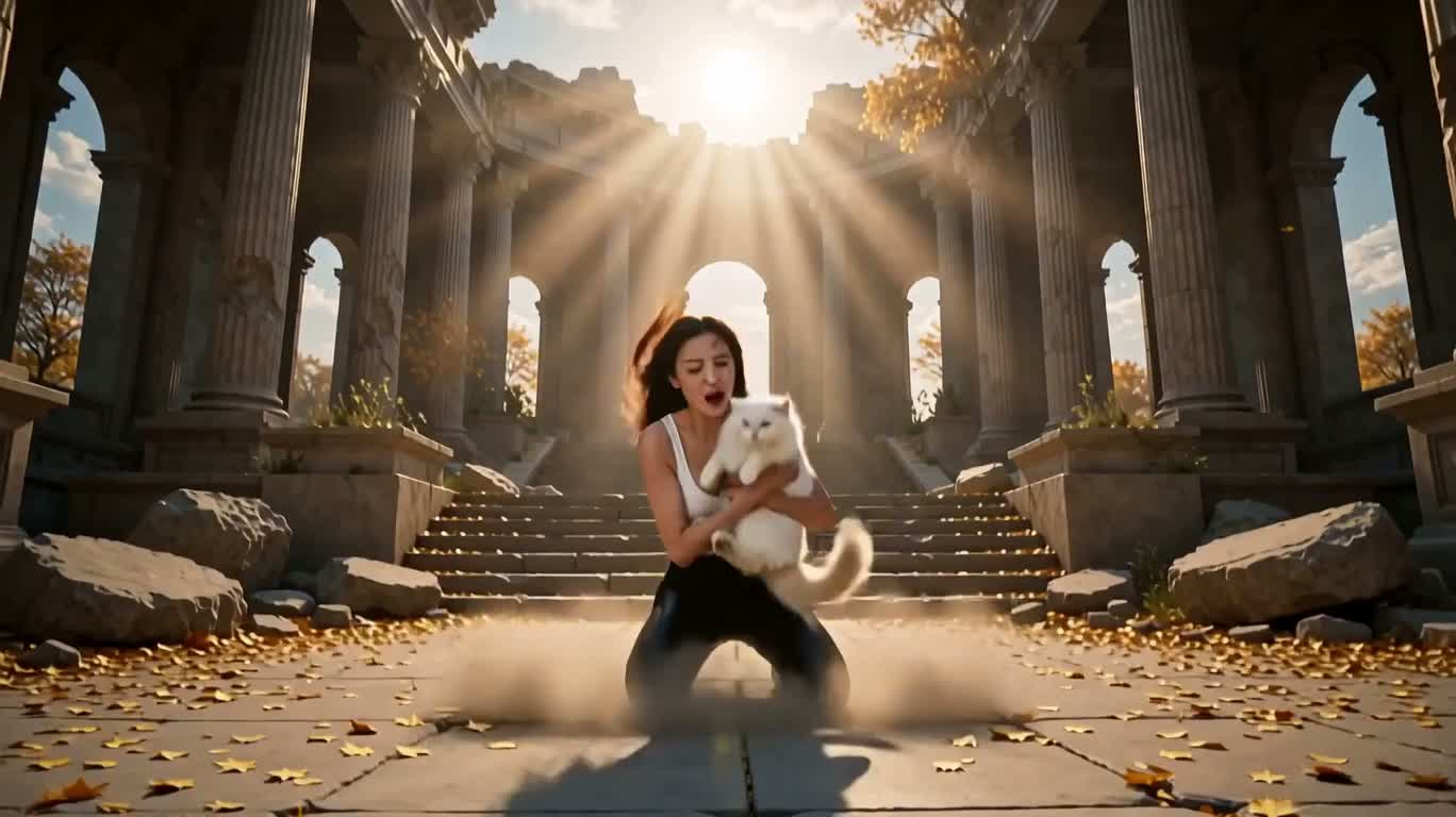 圣殿废墟中的天使觉醒 — AI video creation