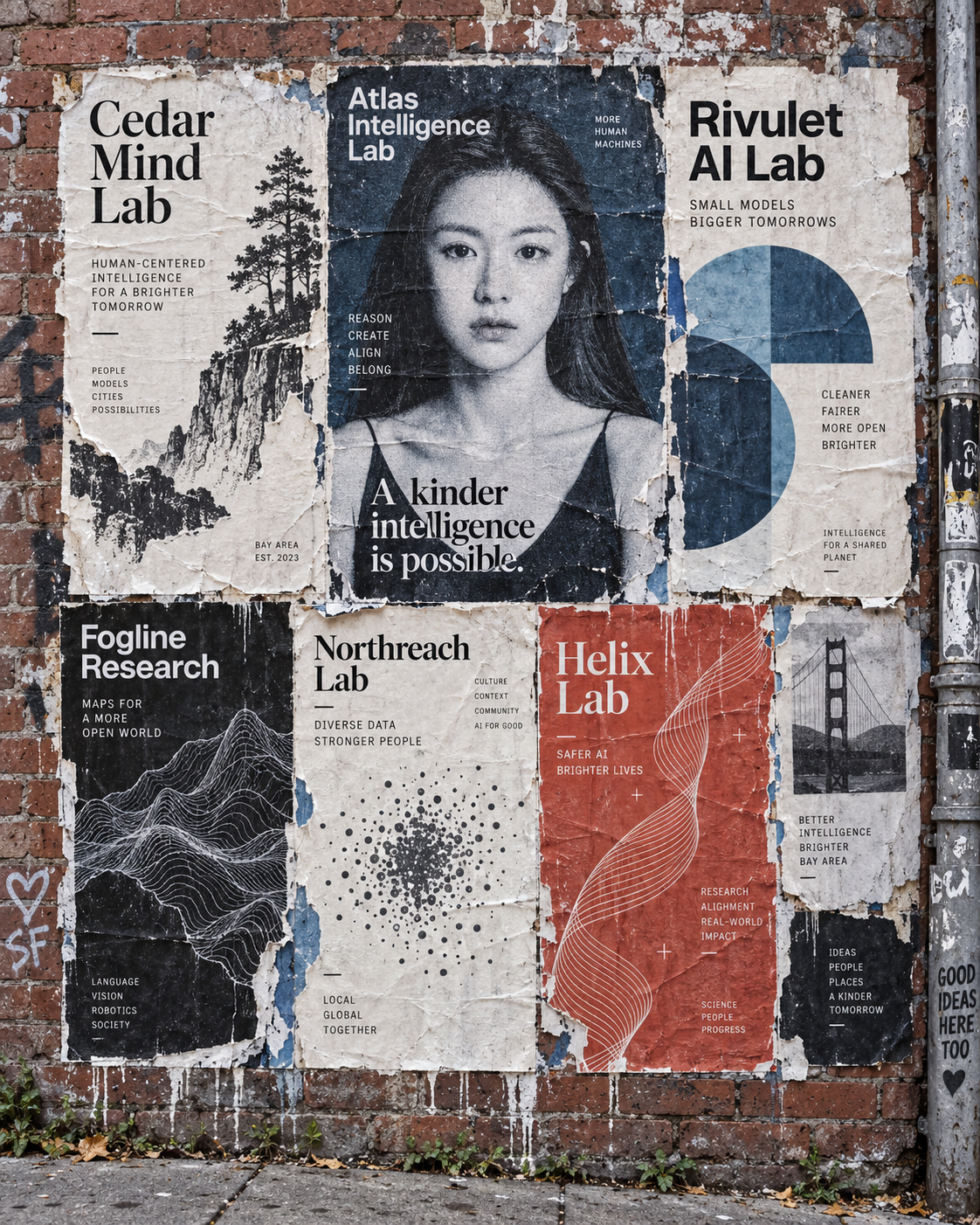 旧金山砖墙上的AI海报矩阵 — AI image creation
