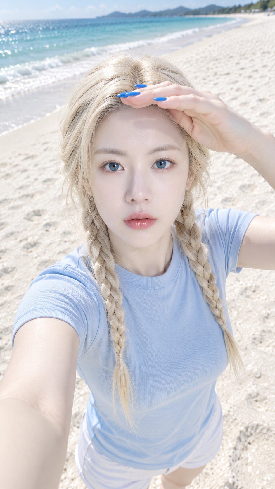 Ice-Blue Beach Selfie in Bright Coastal Light — AI image creation