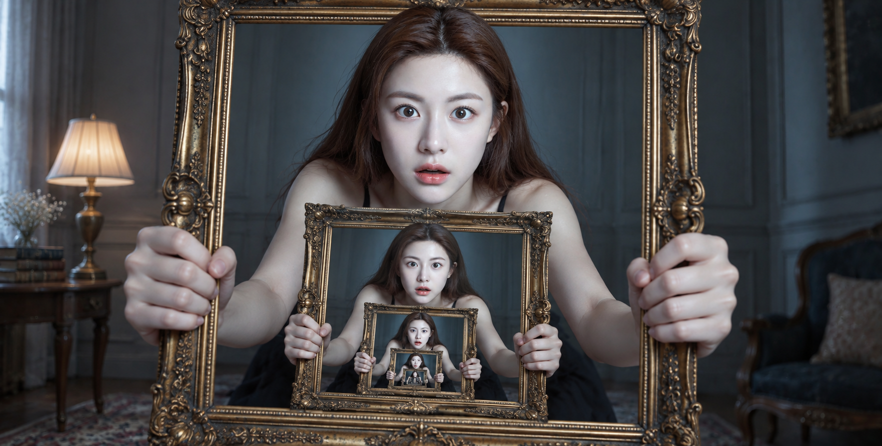 무한 재귀 속 화려한 액자의 초상화