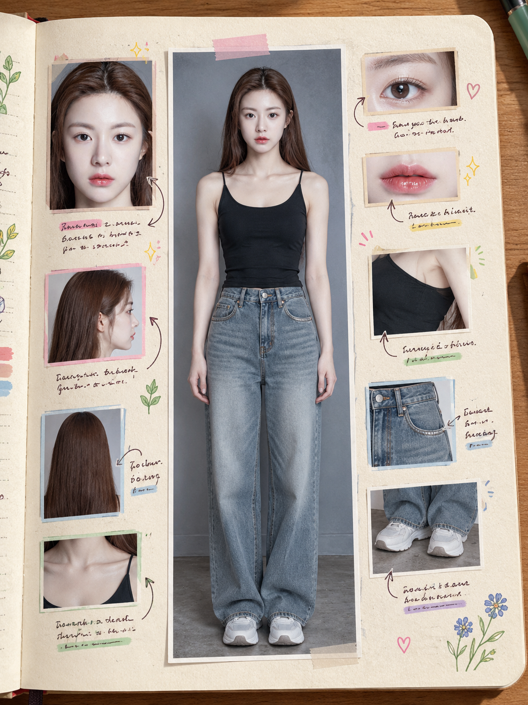 笔记本上的彩色手写角色照片设定表 — AI image creation