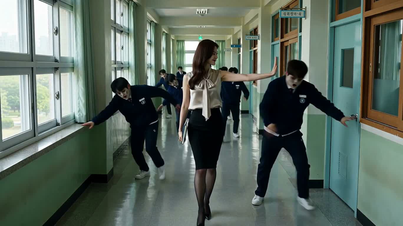 从容女老师的走廊奇袭 — AI video creation