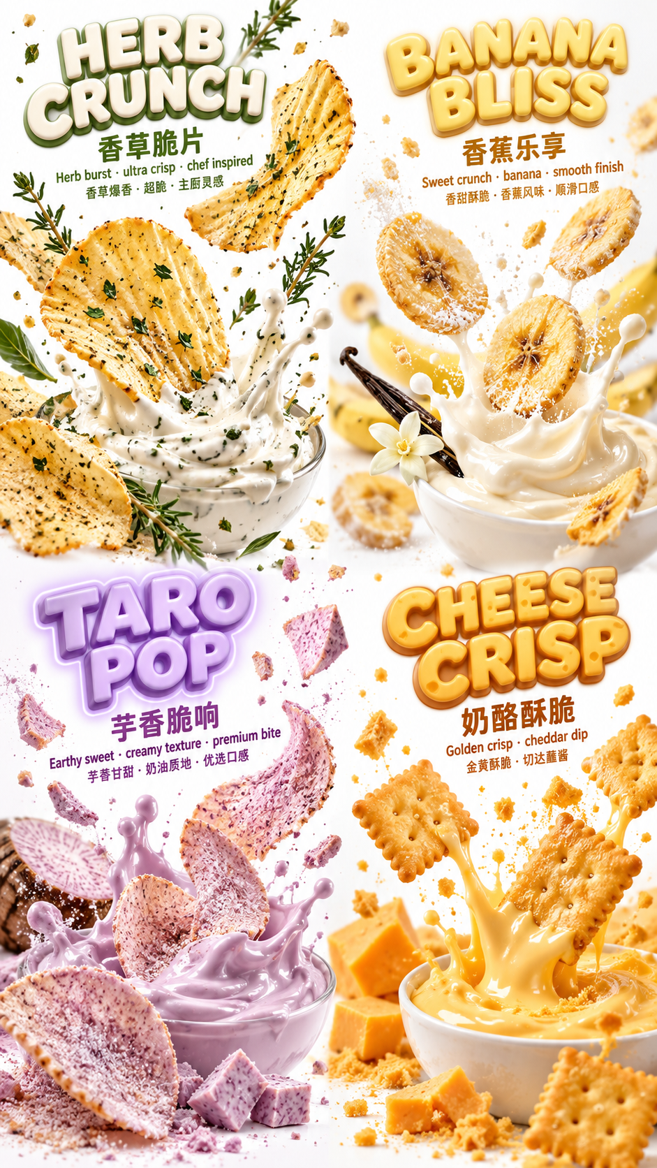네 가지 맛 칩 크림 튀는 3D 텍스트 포스터