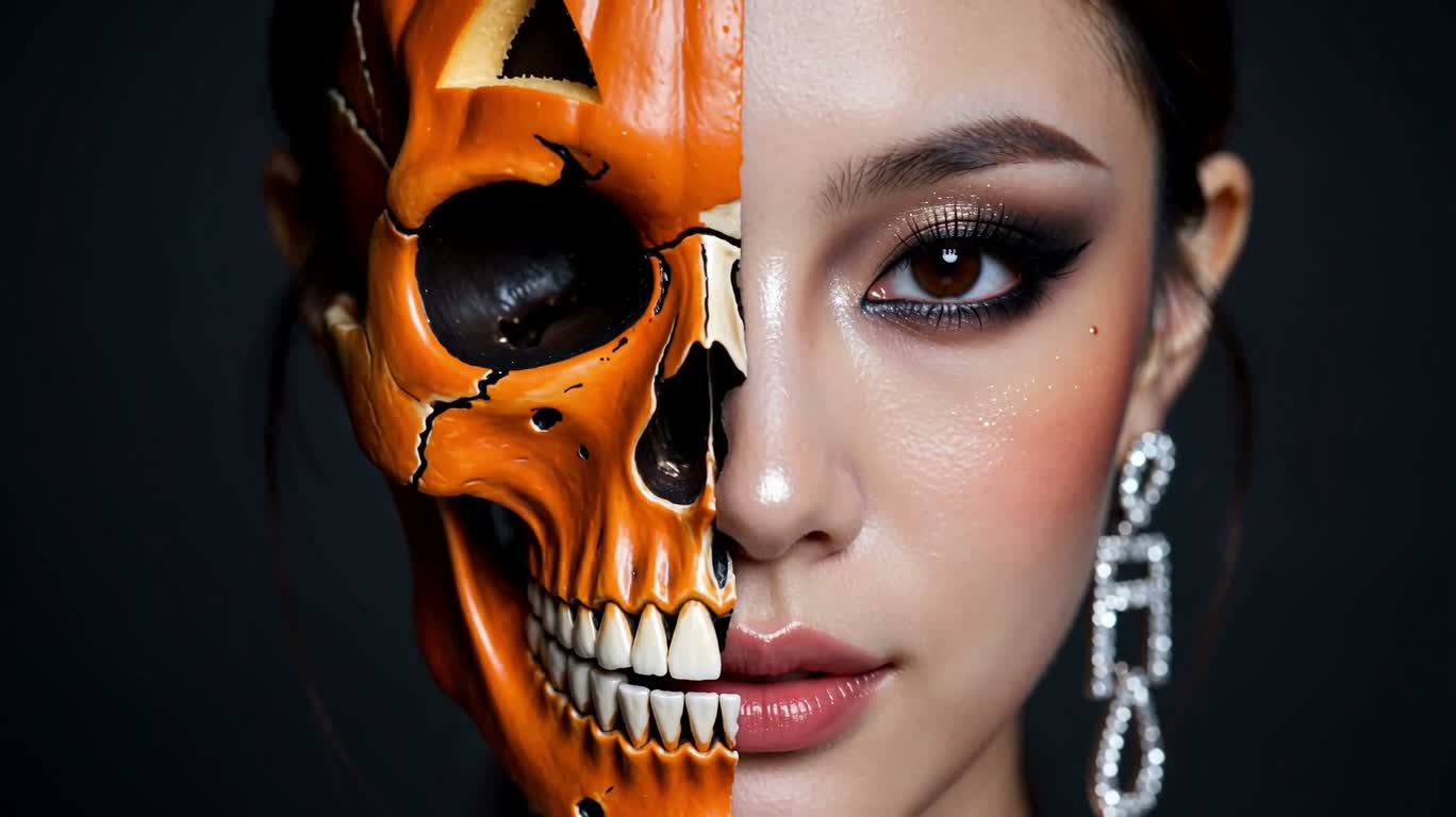 半面南瓜骷髅妆肖像 — AI video creation