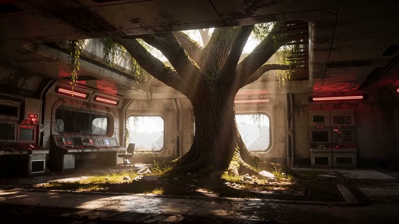 废弃科幻屋中的橡树与霓虹光 — AI video creation