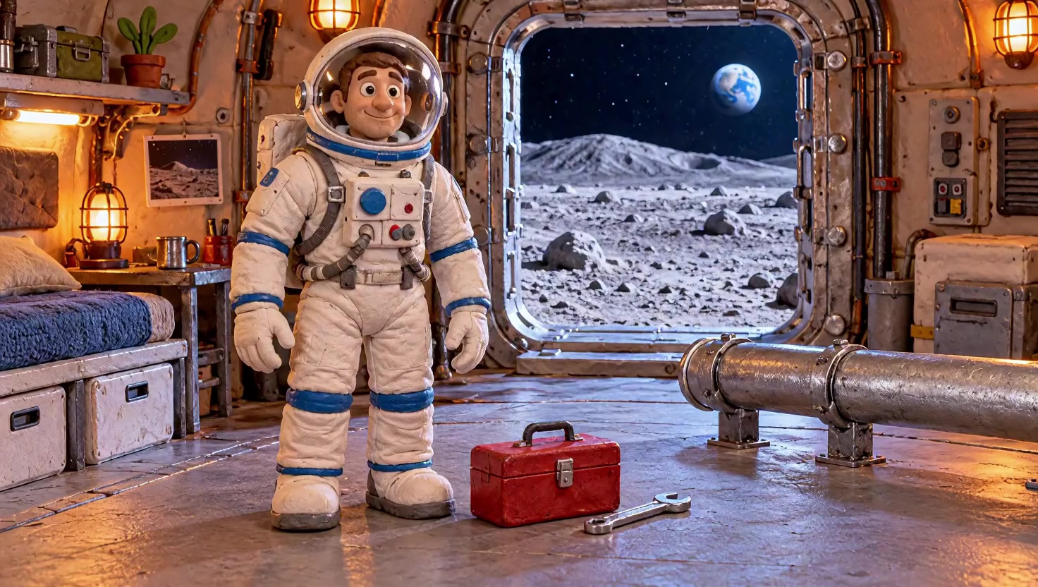 レンチを載せた工具箱を運ぶ粘土の宇宙飛行士