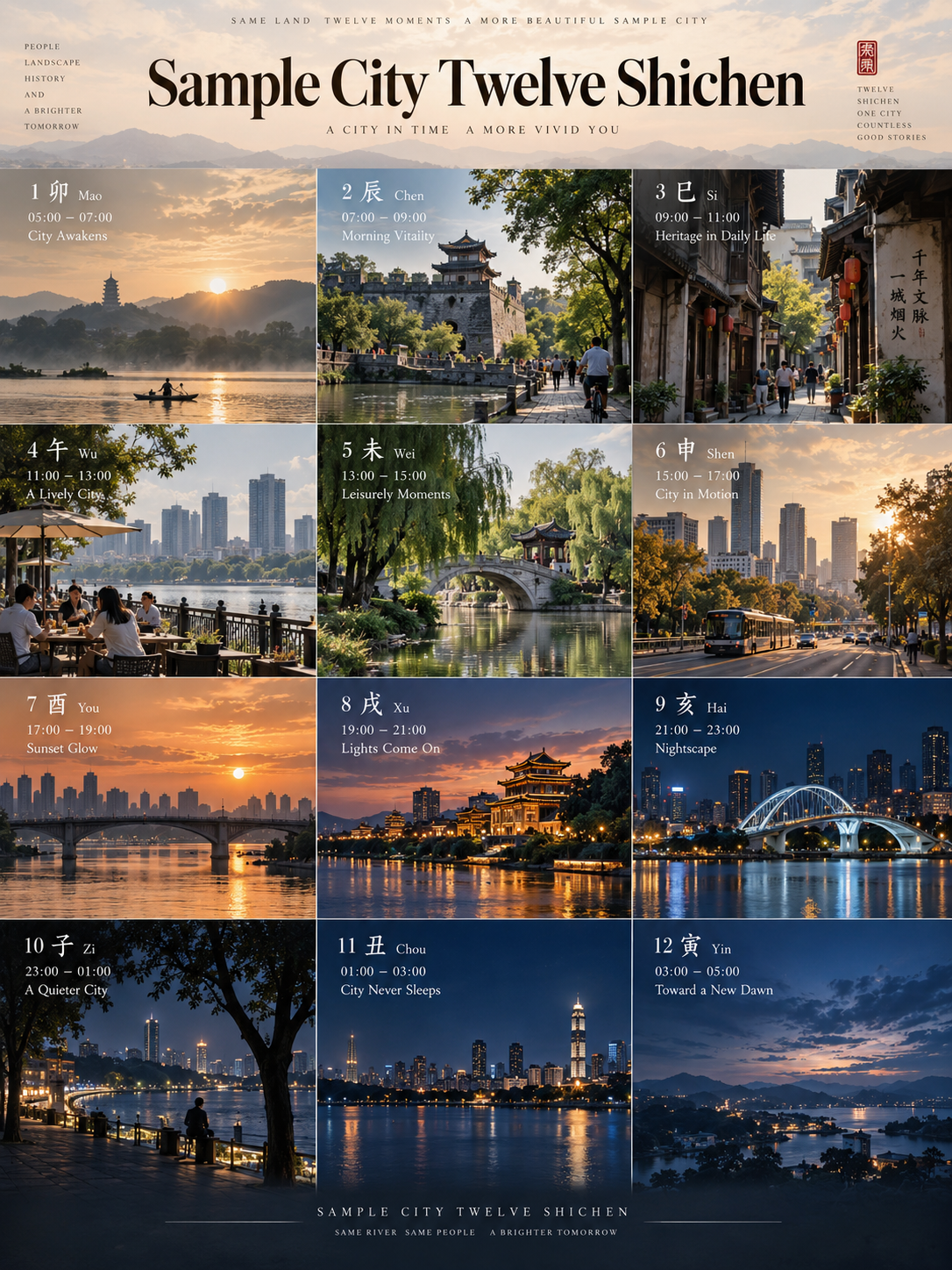 城市十二时辰光影拼贴海报模板 — AI image creation