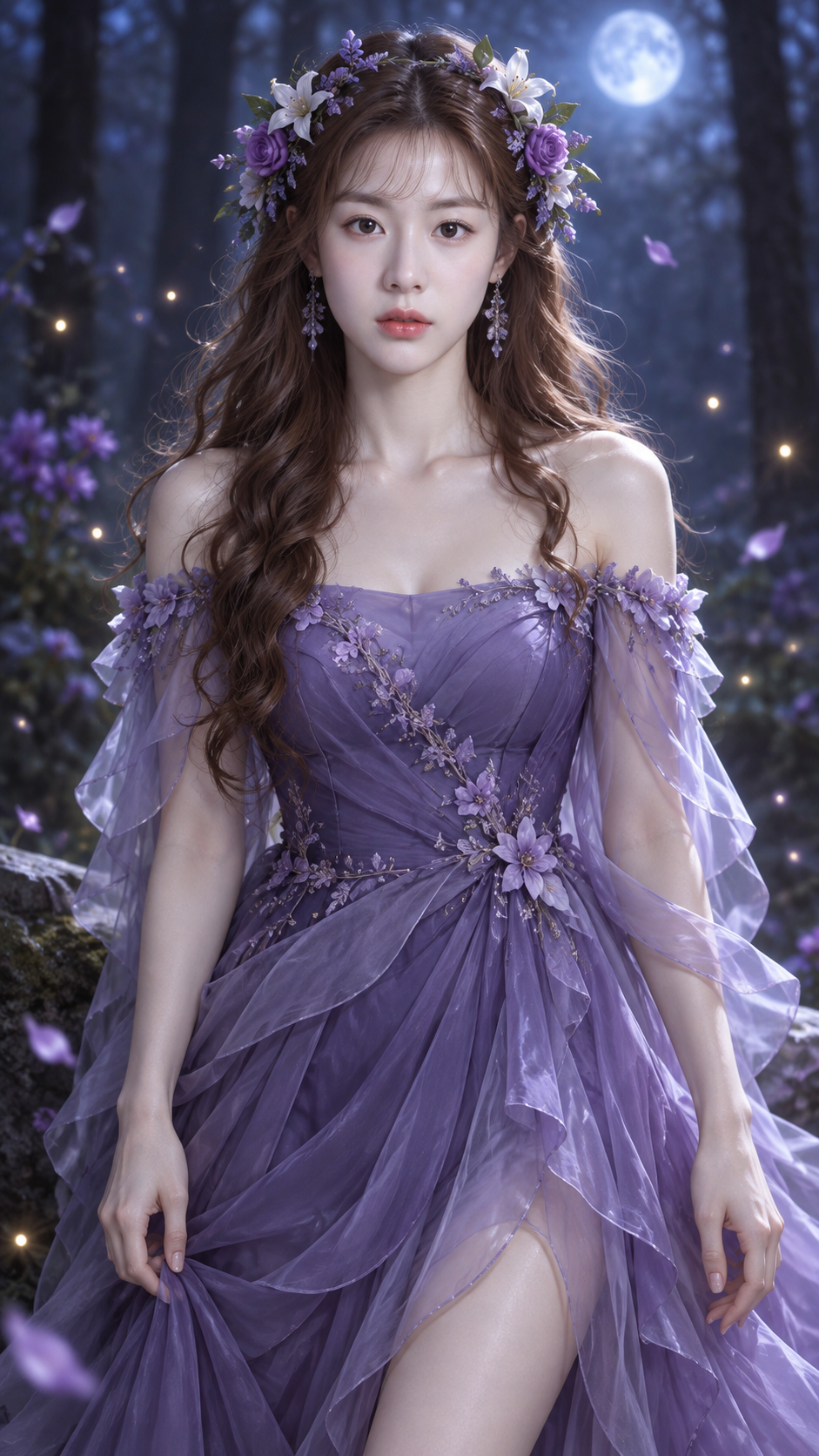 梦幻夜林紫纱礼服成熟女性人像 — AI image creation