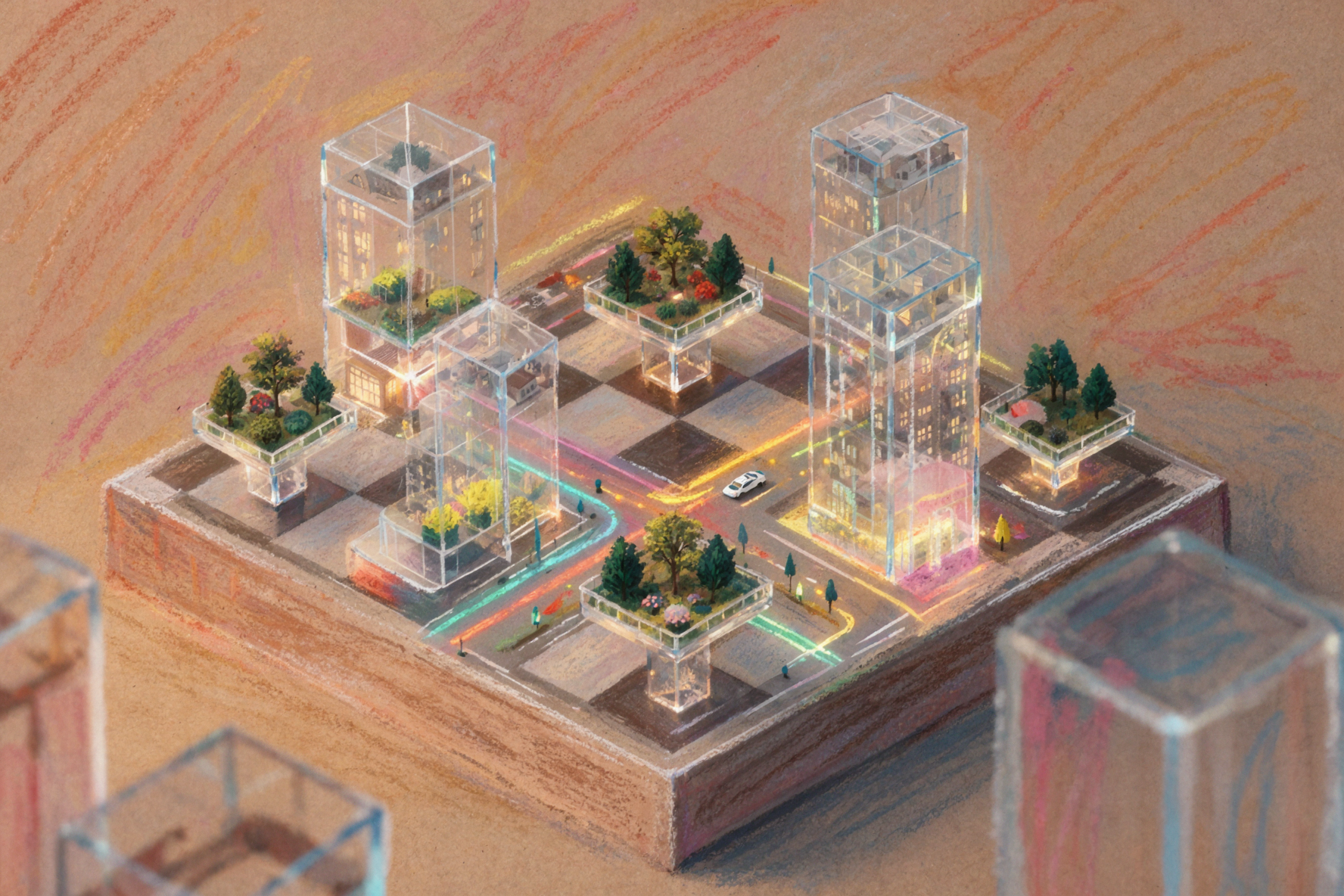 Quartier de l'échiquier de verre · Pastel à la craie — AI image creation