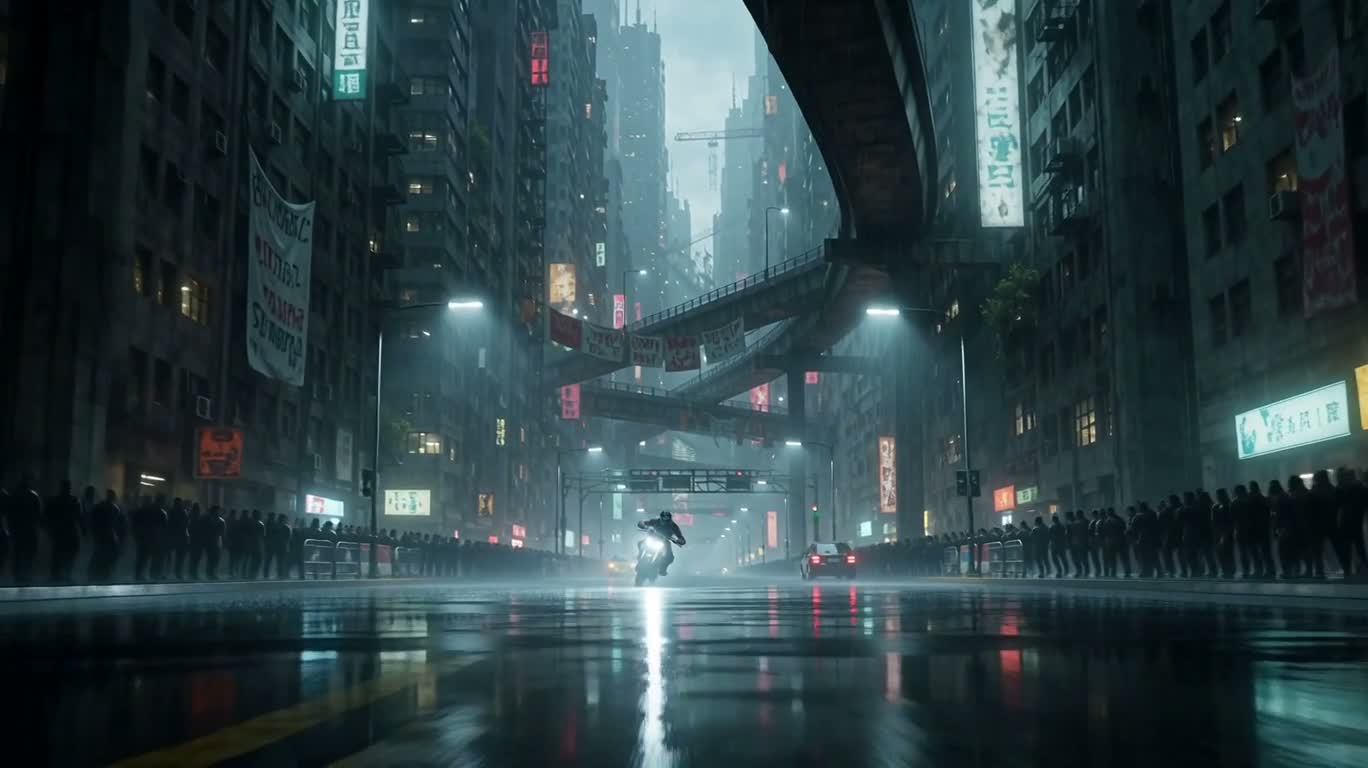 霓虹雨夜摩托侧滑