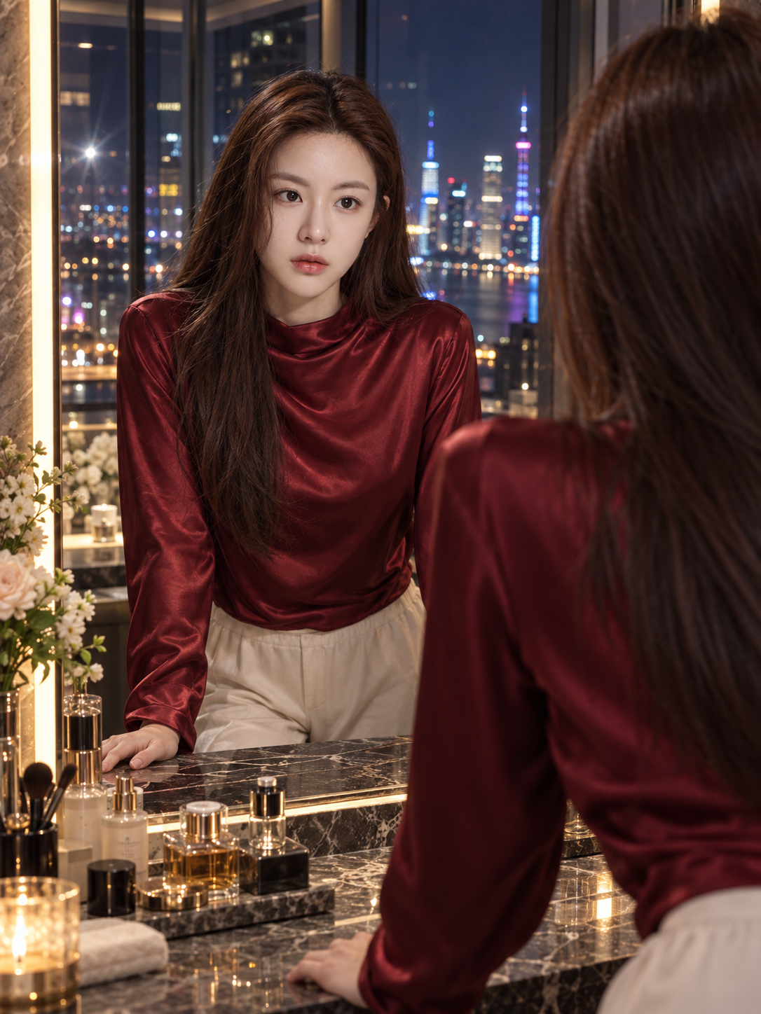 城市夜景下的奢华浴室红衣成年女性电影感写真 — AI image creation