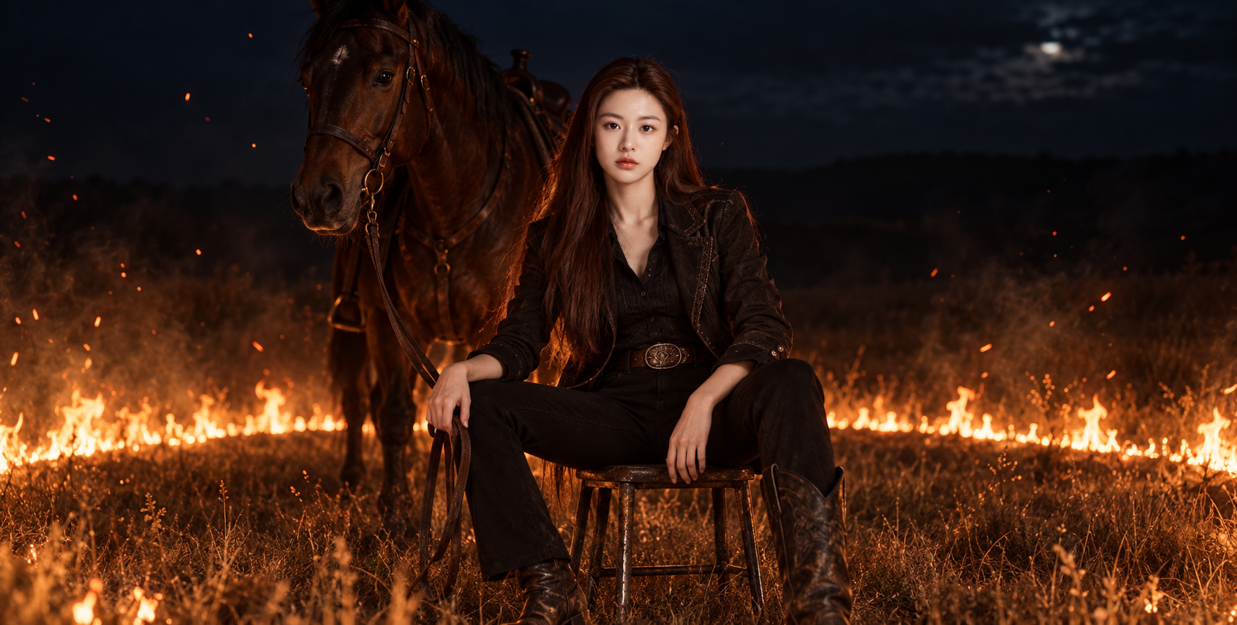 火光环绕的夜色西部女骑手 — AI image creation
