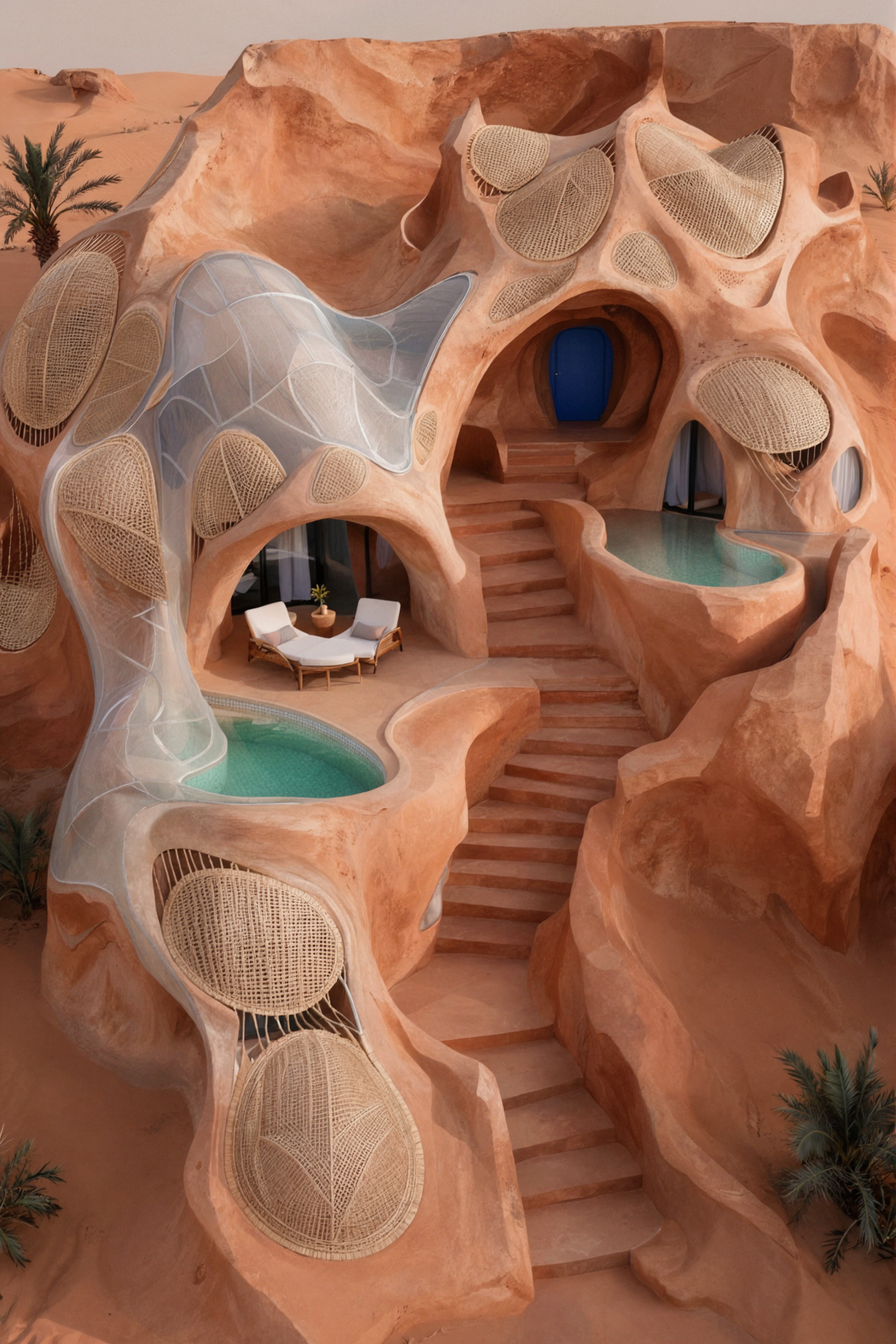 Hôtel en terrasses de roche rouge · Bio-design futuriste — AI image creation